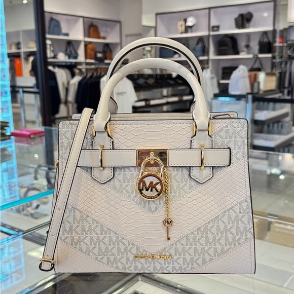 Michael Kors Hamilton Small Satchel Shoulder Bag MK Light Cream Multi Exotic - Picture 1 of 11